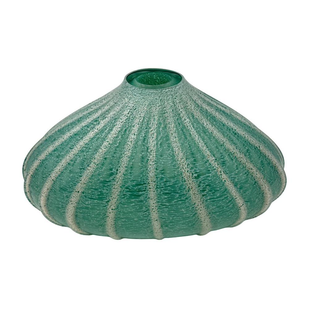 Art Glass Ribbed Urchin Vase 17x11 Teal Green Gold Fleck Coastal MCM Decor